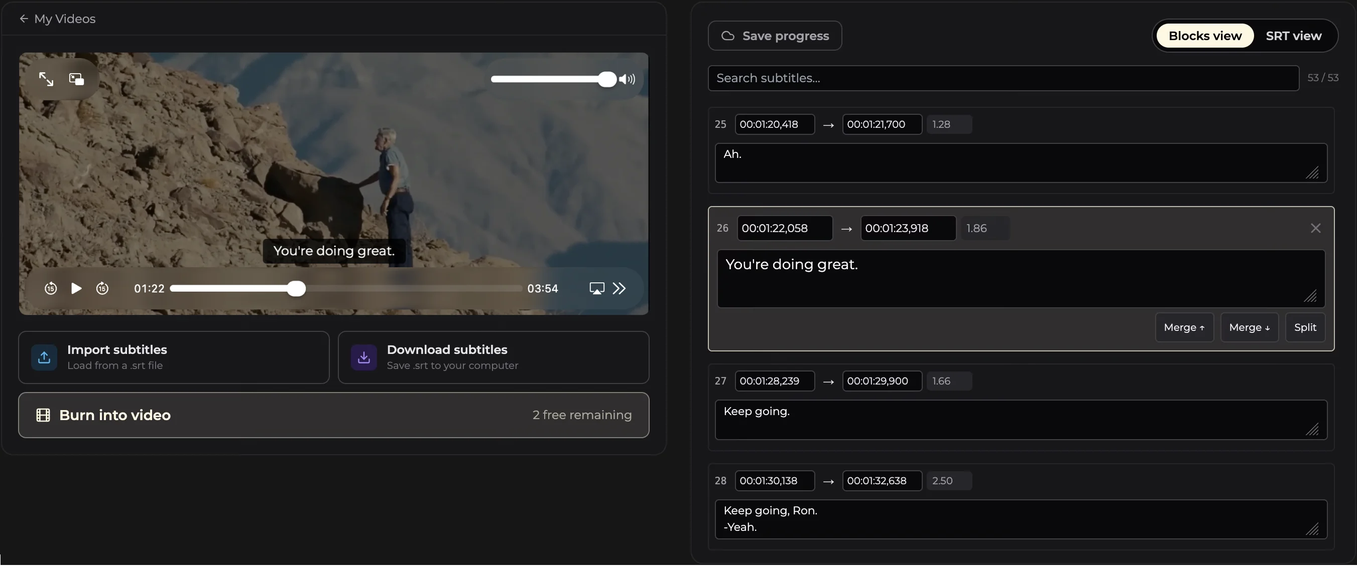 AI subtitle editor on Subtitling.net. Video player with subtitle overlay on the left, subtitle editing blocks with timecodes and controls on the right.