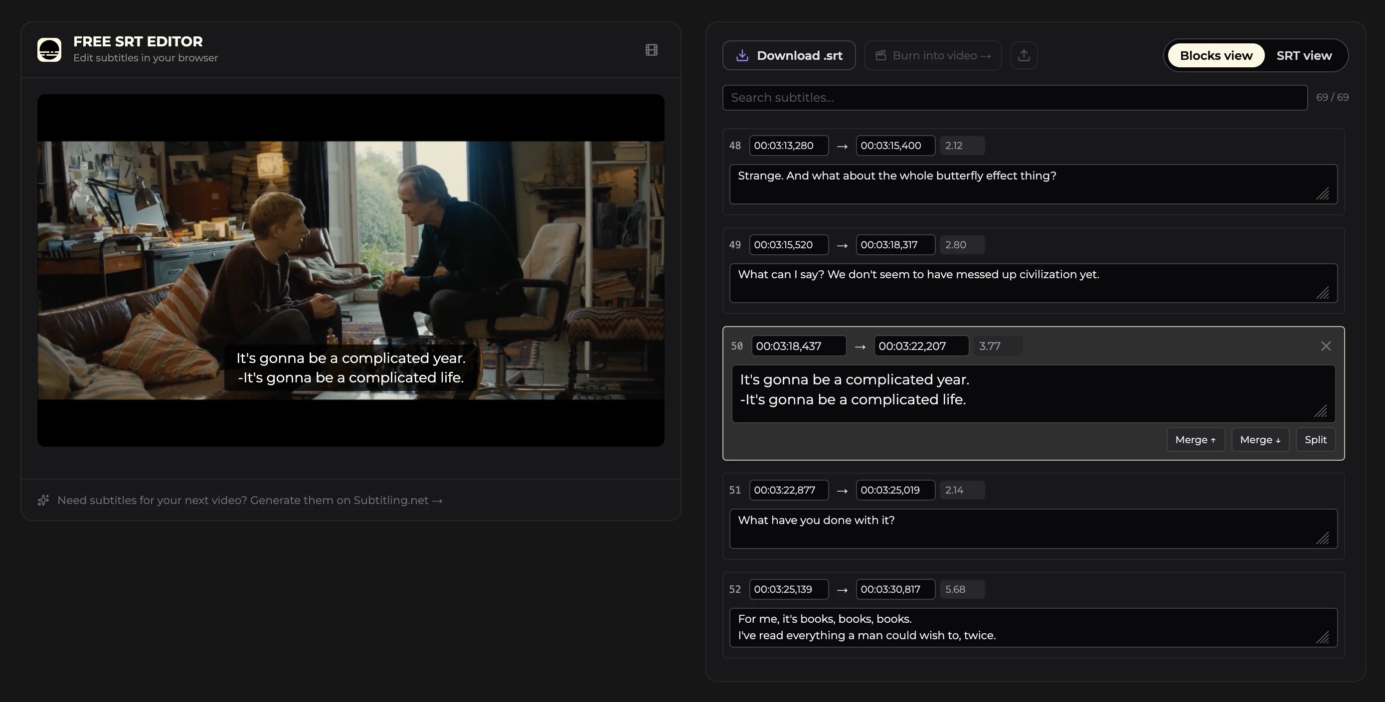SRT editor interface showing subtitle editing with timecodes